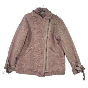 HYFVE Womens Large Sherpa Moto Jacket‎ Faux Fur Pink Zip Up Buckle Accents Cozy